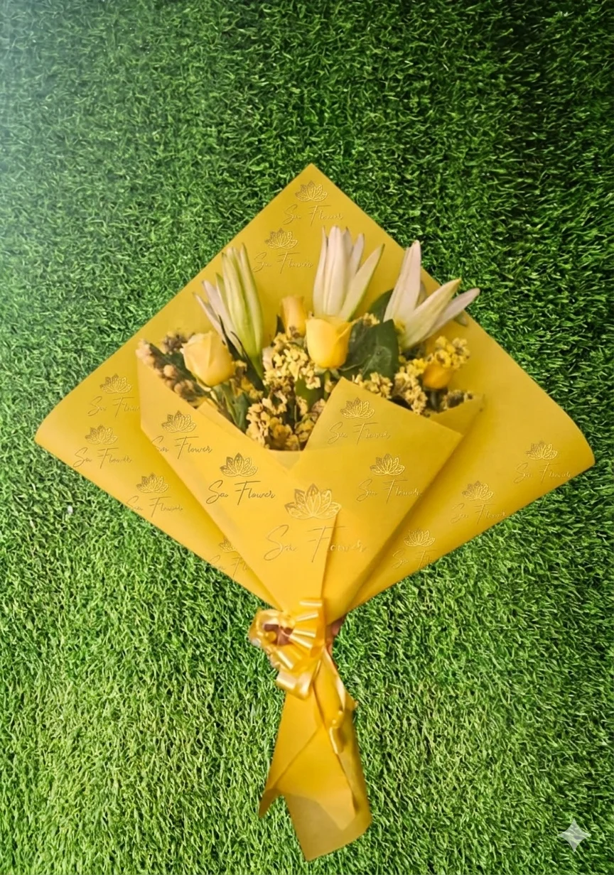 Premium Yellow Rose & White Lily Bouquet – Sai Flower Signature Wrap