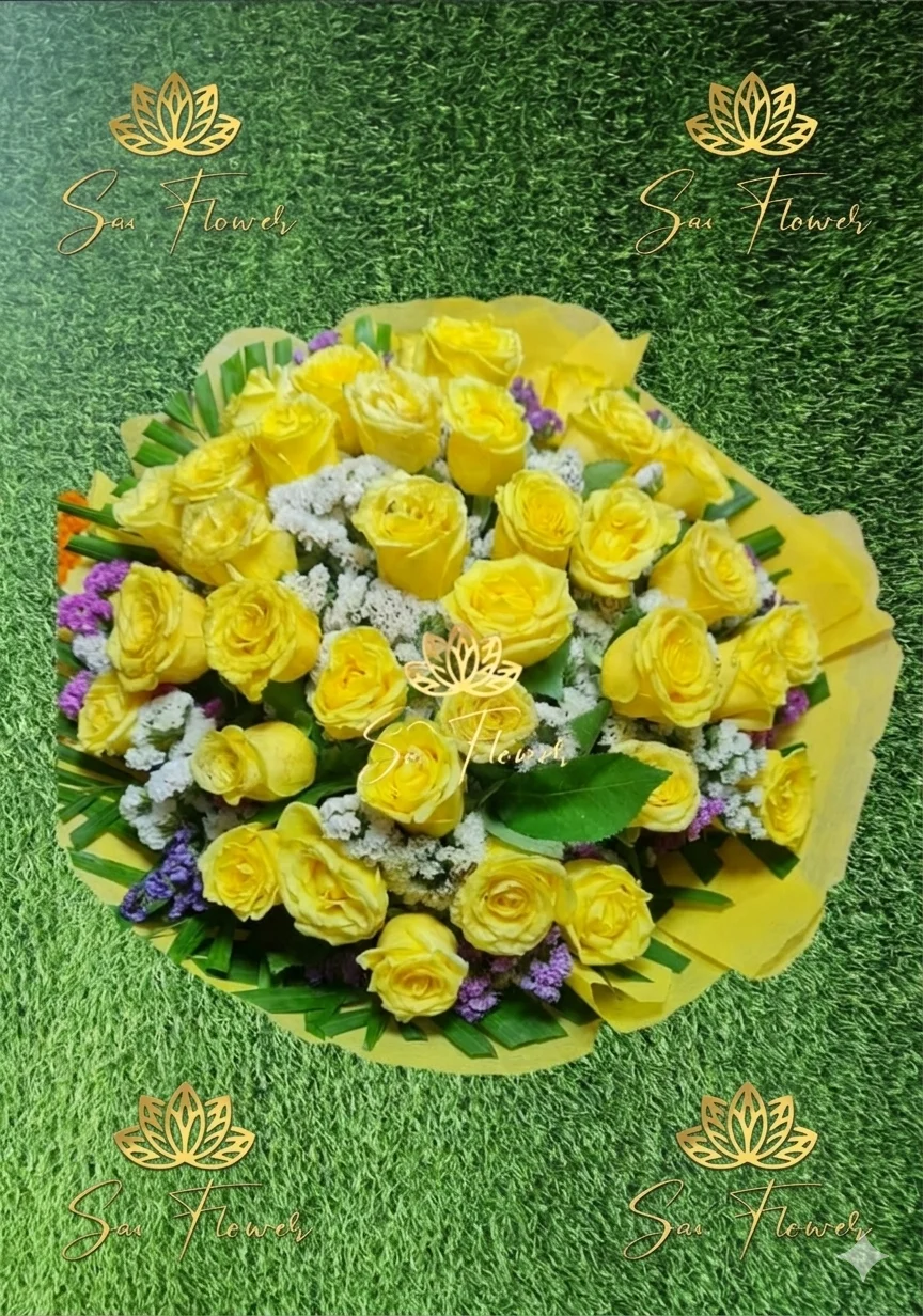 Premium Yellow Rose Bouquet with White Statice & Purple Accents – Sai Flower