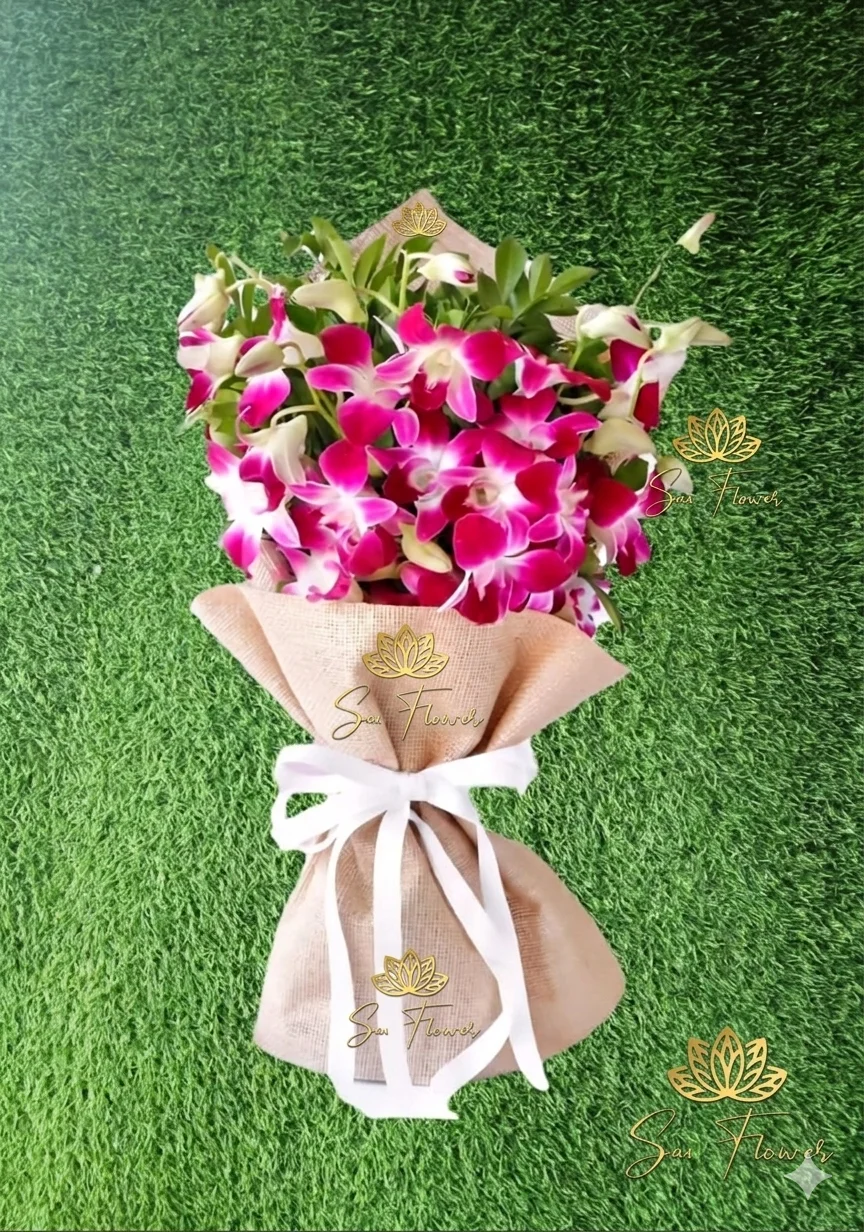 Elegant Purple & White Dendrobium Orchid Bouquet in Rustic Hessian Wrap