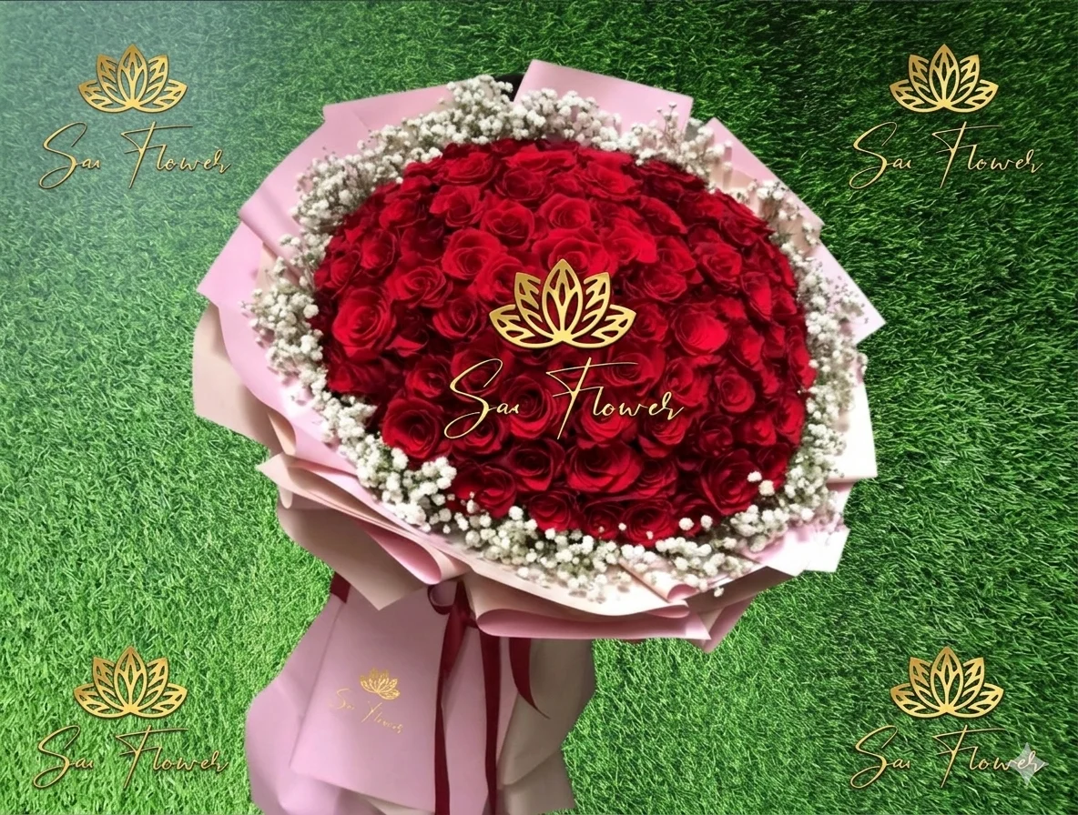 Luxury 100 Red Roses Bouquet with Gypsophila & Pink Wrap – Sai Flower