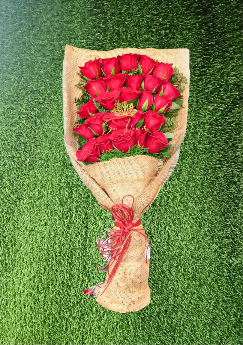 Premium Red Rose Bouquet in Jute Wrapping – 20 Fresh Romantic Red Roses by "Sai Flower"