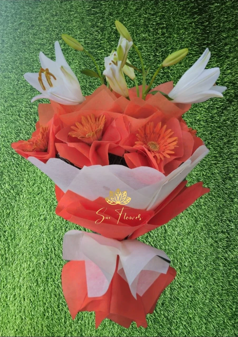 Premium Orange Gerbera & White Lily Bouquet – Luxury Fresh Flower Arrangement