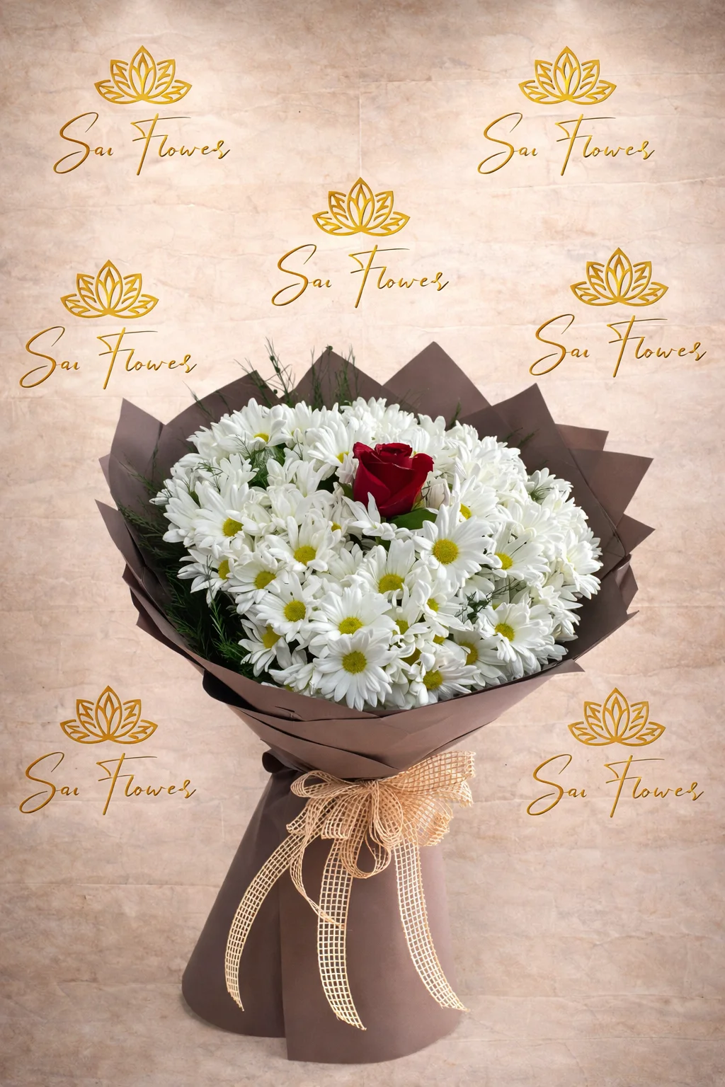 White Daisy Bouquet with Red Rose – Elegant Romantic Flower Arrangement