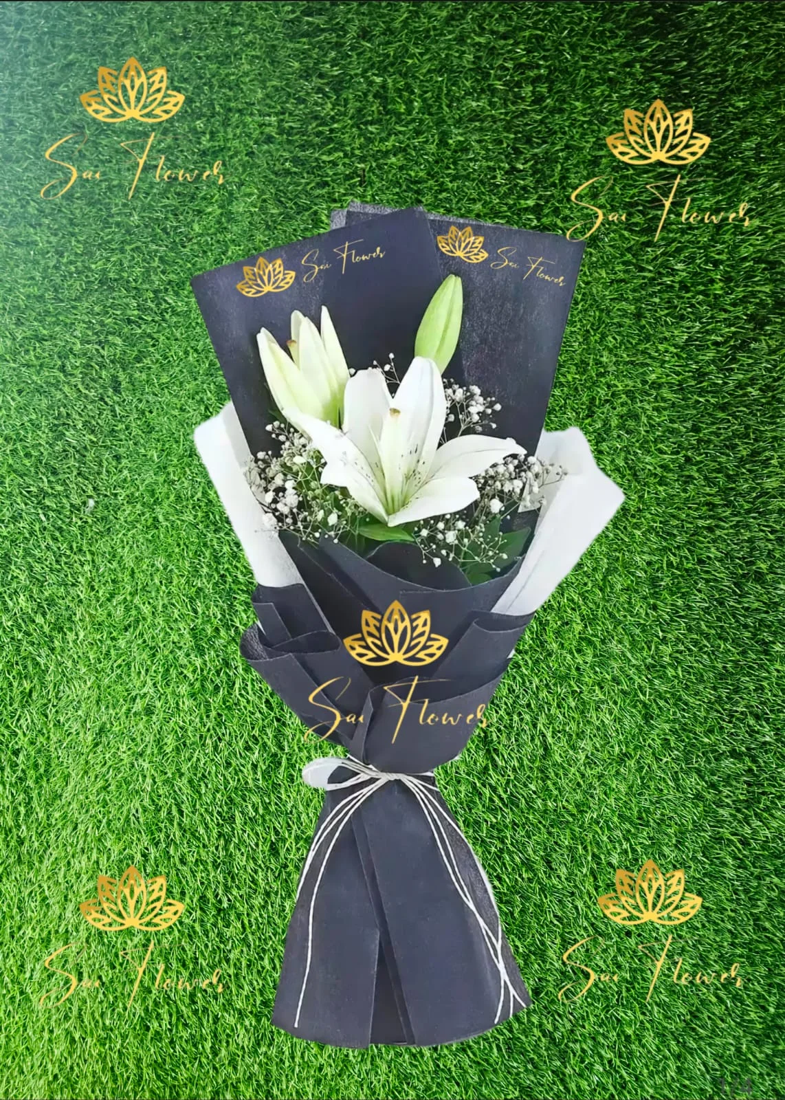 Purity & Grace: Elegant White Oriental Lily & Baby’s Breath Bouquet - Delhi Florist Delivery