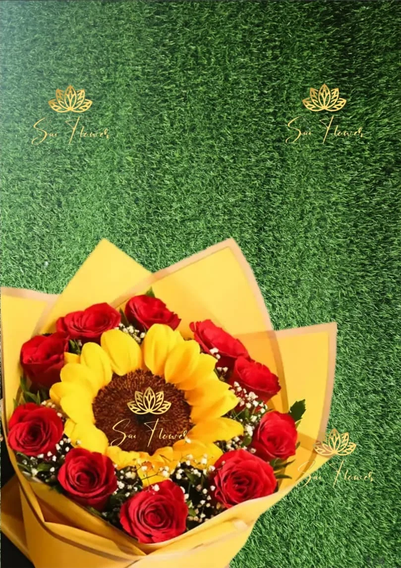 Vibrant Sunburst & Ruby Romance: Sunflower & Red Rose Bouquet by SaiFlower Delhi Florist
