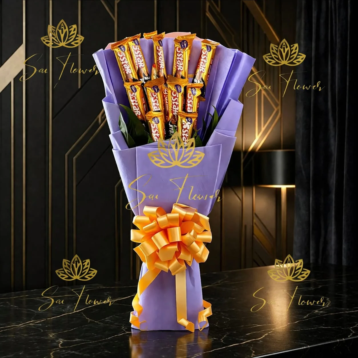 "5-Star" Golden Splendor: Premium Chocolate Bouquet with Lavender Wrap (Delhi NCR Delivery)