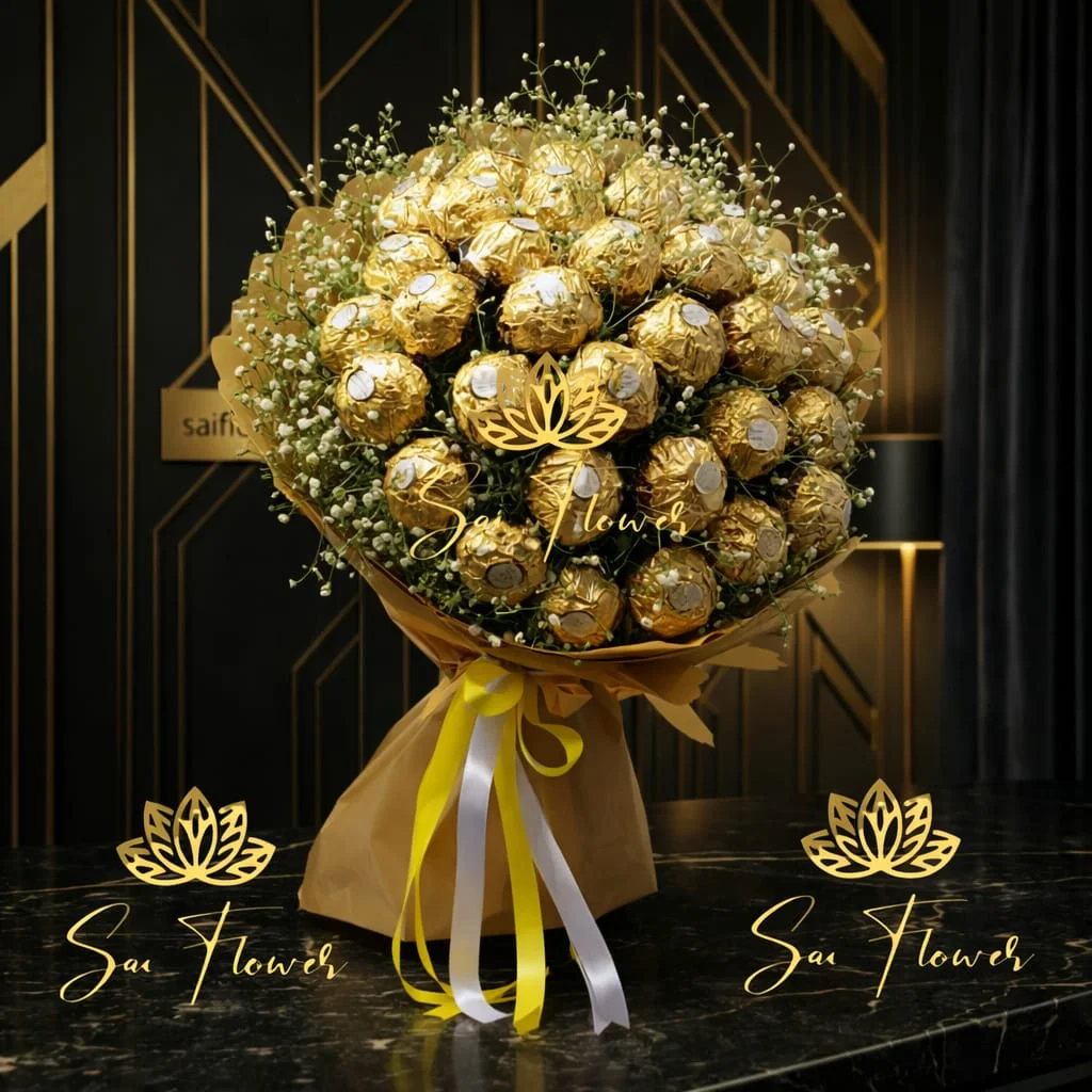 Golden Symphony: Luxury Hazelnut Truffle & Baby’s Breath Bouquet (Delhi)
