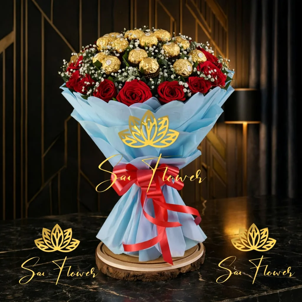 'Golden Love Story' Red Rose & Ferrero Chocolate Bouquet | Best Florist in Delhi