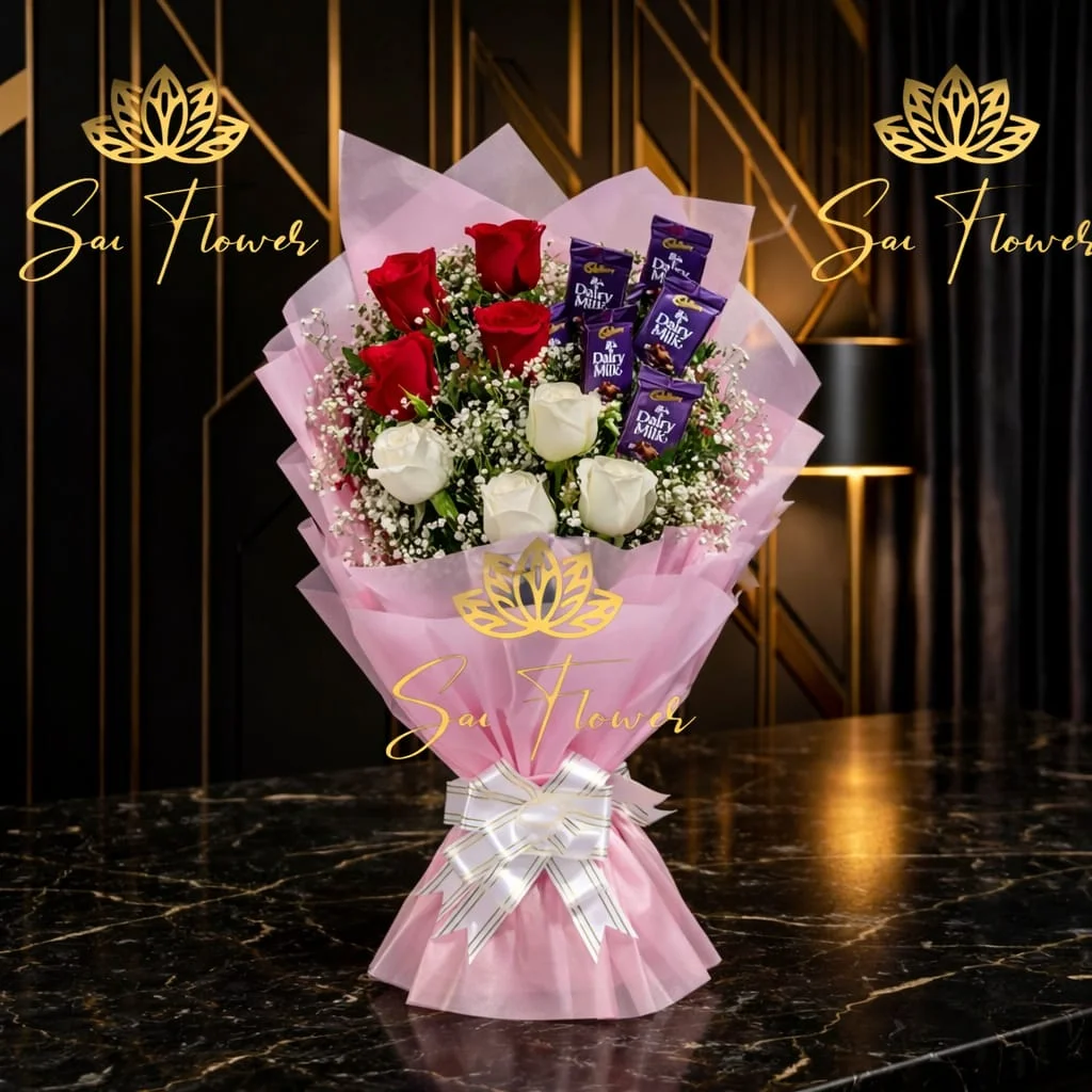 Crimson Grace & Cocoa Embrace: Premium Red & White Rose and Chocolate Bouquet - Delhi's Best Local Florist