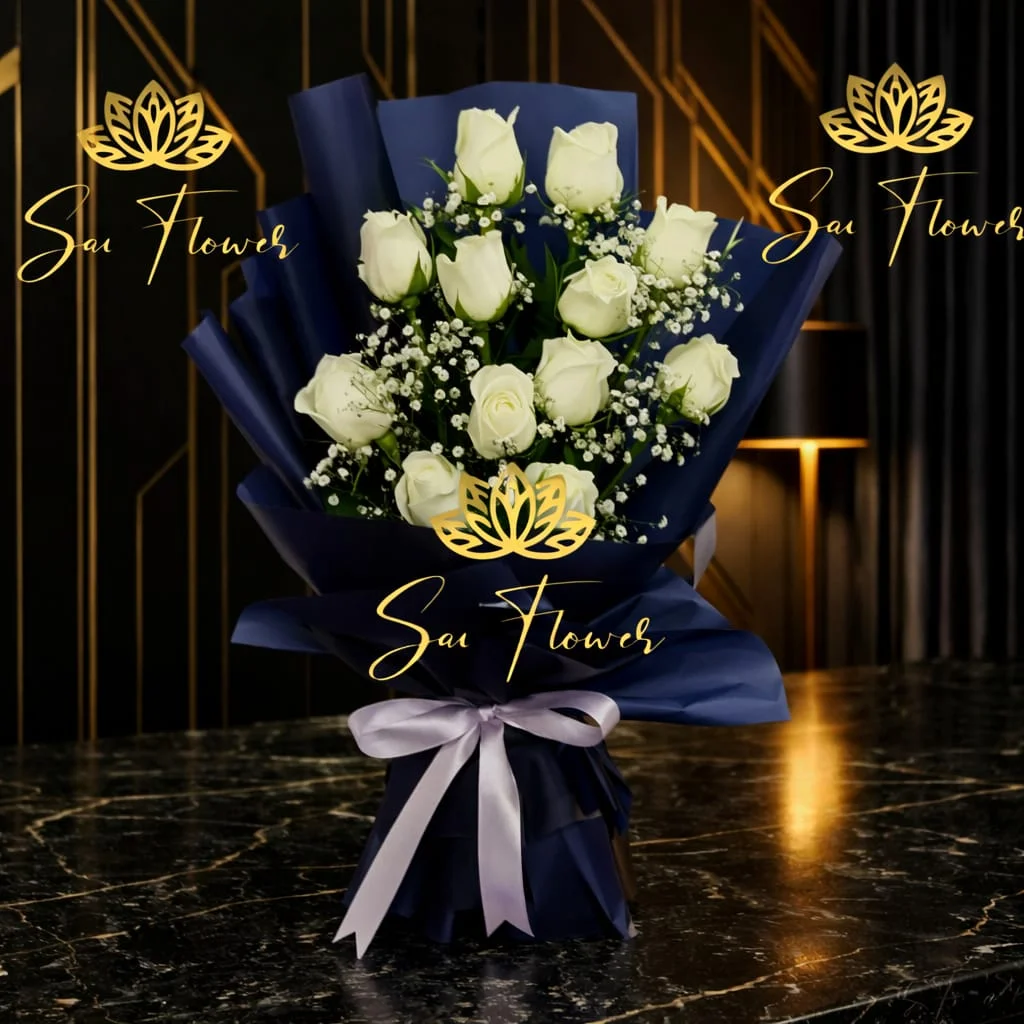 The Azure Radiance: 12 Flawless White Roses & Baby's Breath Bouquet | Premium Delhi Florist