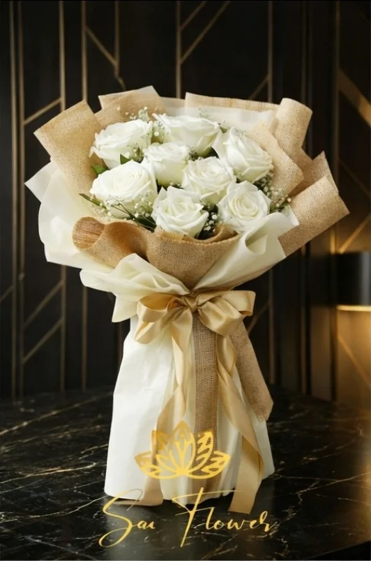 The Ivory Embrace – Luxe White Rose & Jute Bouquet | Same Day Delivery Delhi