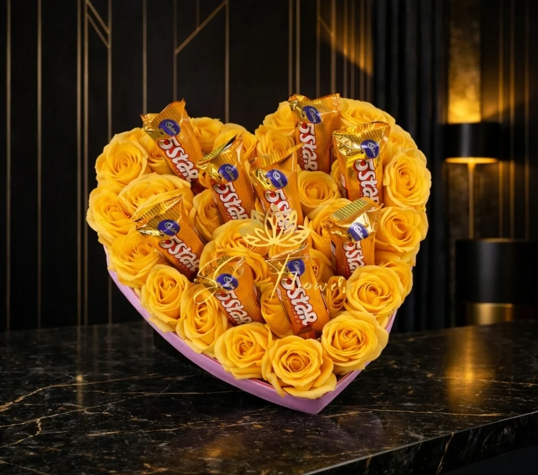 Golden Heartburst: Yellow Roses & "5 Star Chocolate" Heart Box - Delhi Delivery