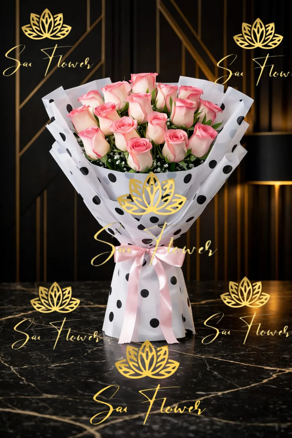 "Sai Flower" Divine Blush: 20 Pink Roses Polka-Dot Bouquet - Online Florist Delhi