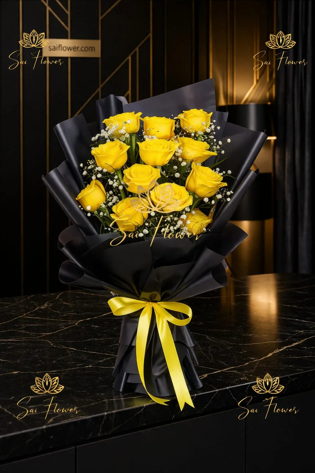 Golden Sunshine Premium Yellow Rose Bouquet – 12 Stem | Luxury Delhi Florist
