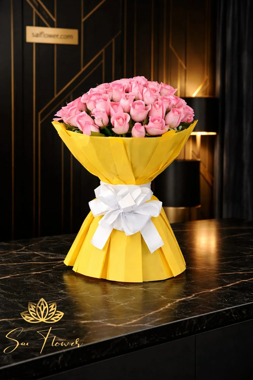 "SaiFlower" Blushing Pink Premium Rose Symphony Bouquet with Luxury Yellow Pleated Wrap | Flower Delivery Delhi