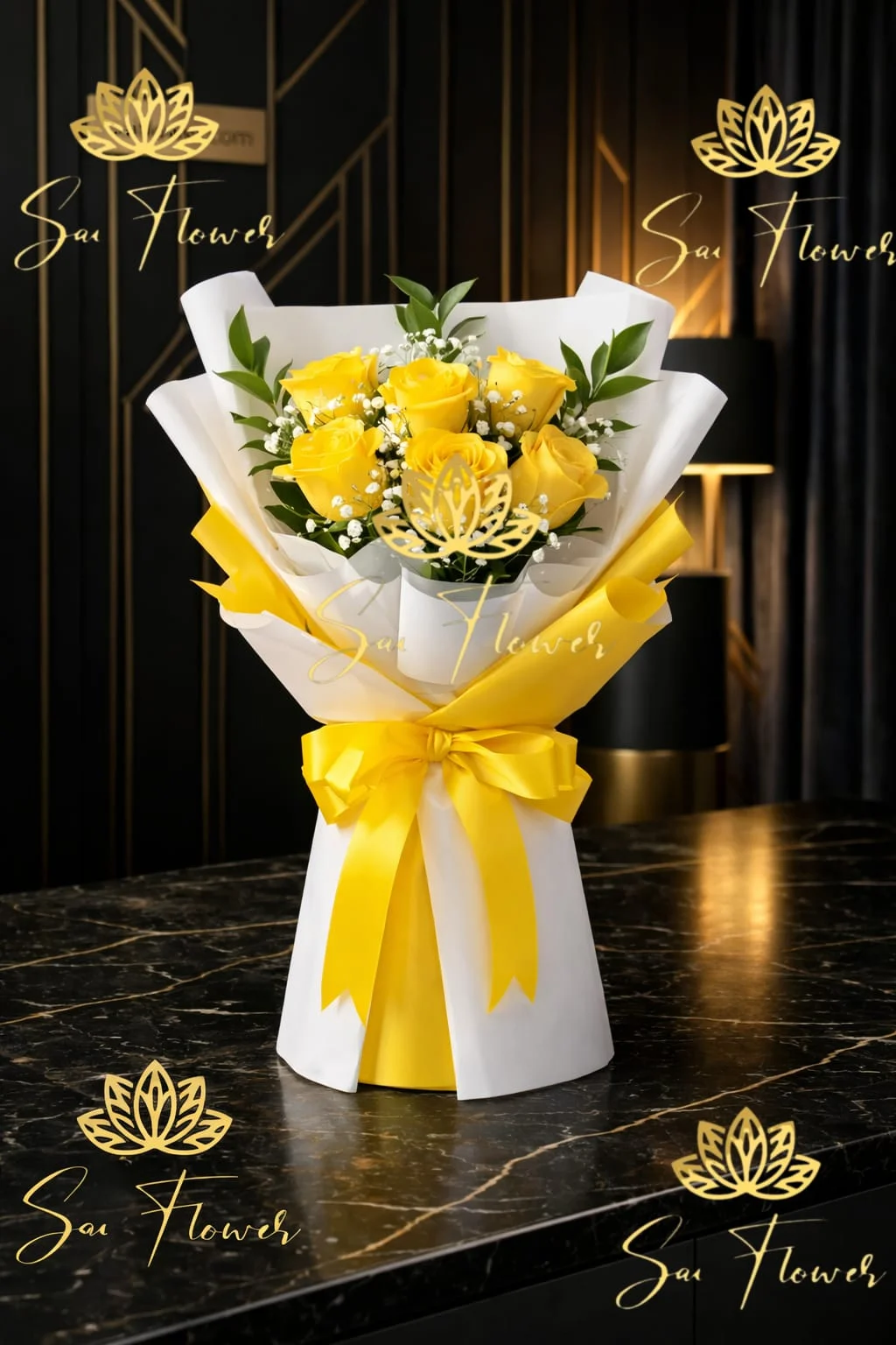 The Golden Embrace - Deluxe Yellow Rose & Gypsophila Bouquet | Luxury Delhi Florist