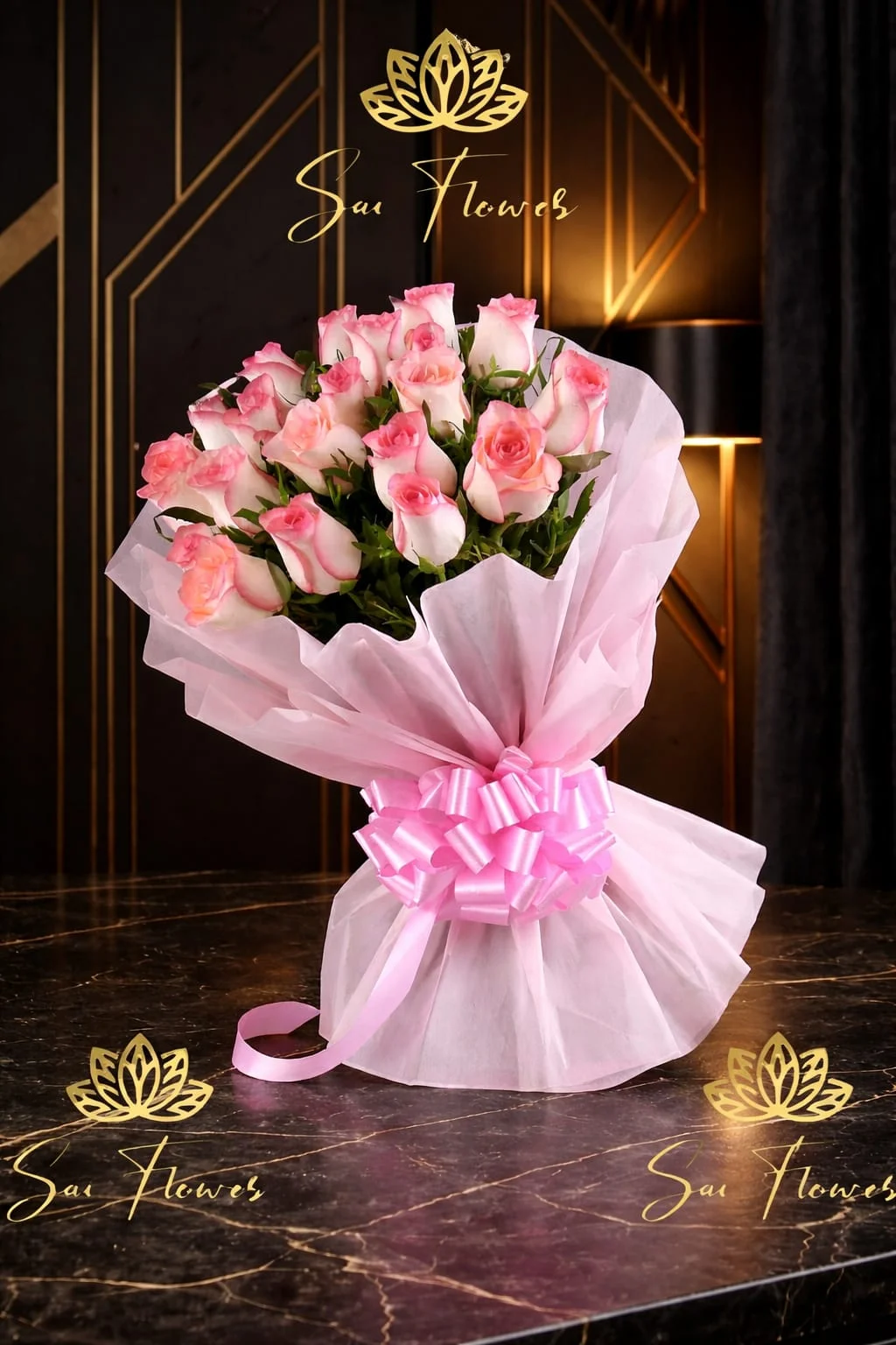 Blushing Devotion: Premium Pink & White Bi-color Rose Bouquet | Express Delhi Florist Delivery